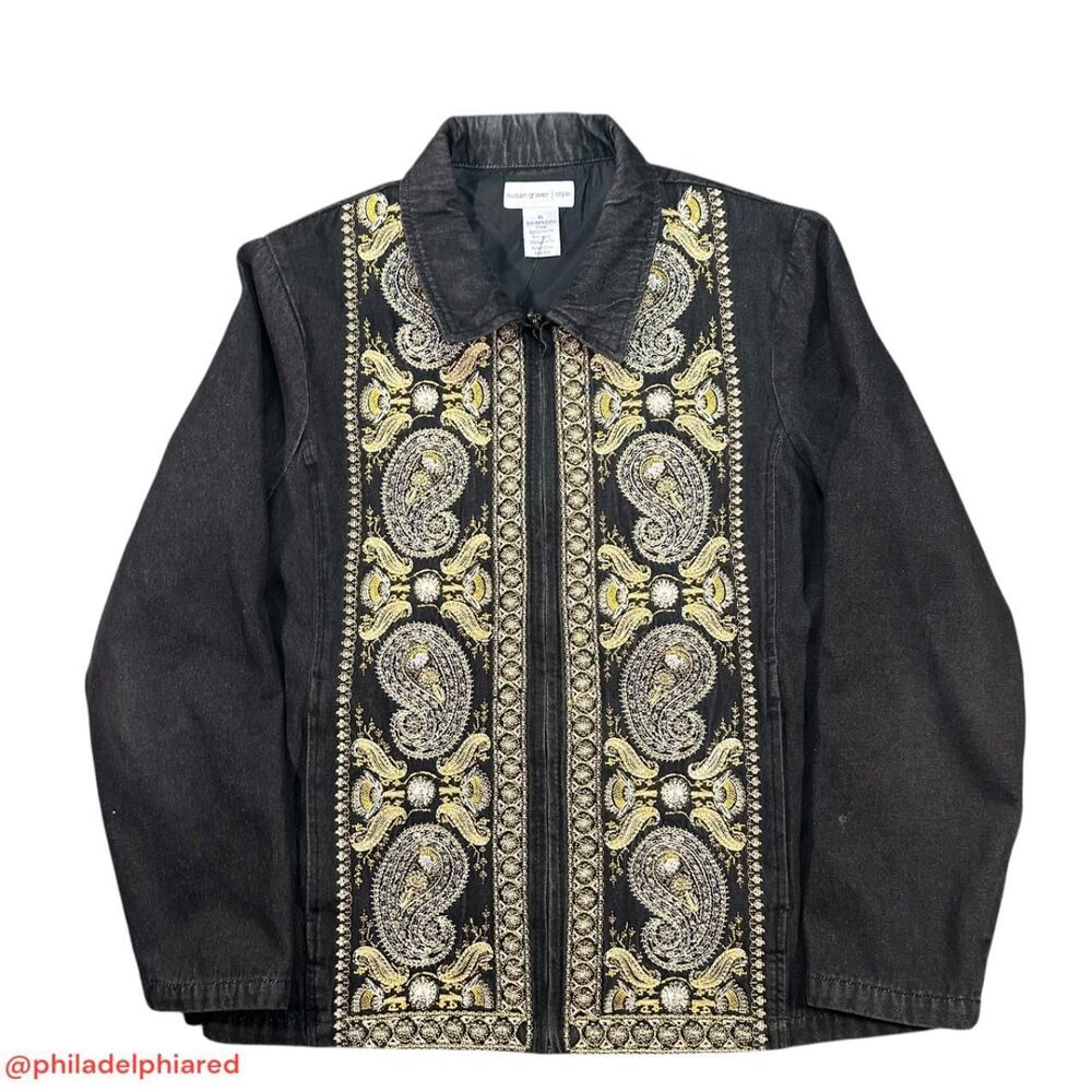 Vintage 1990's Susan Graver Denim embroidered paisley Jacket  women's XL